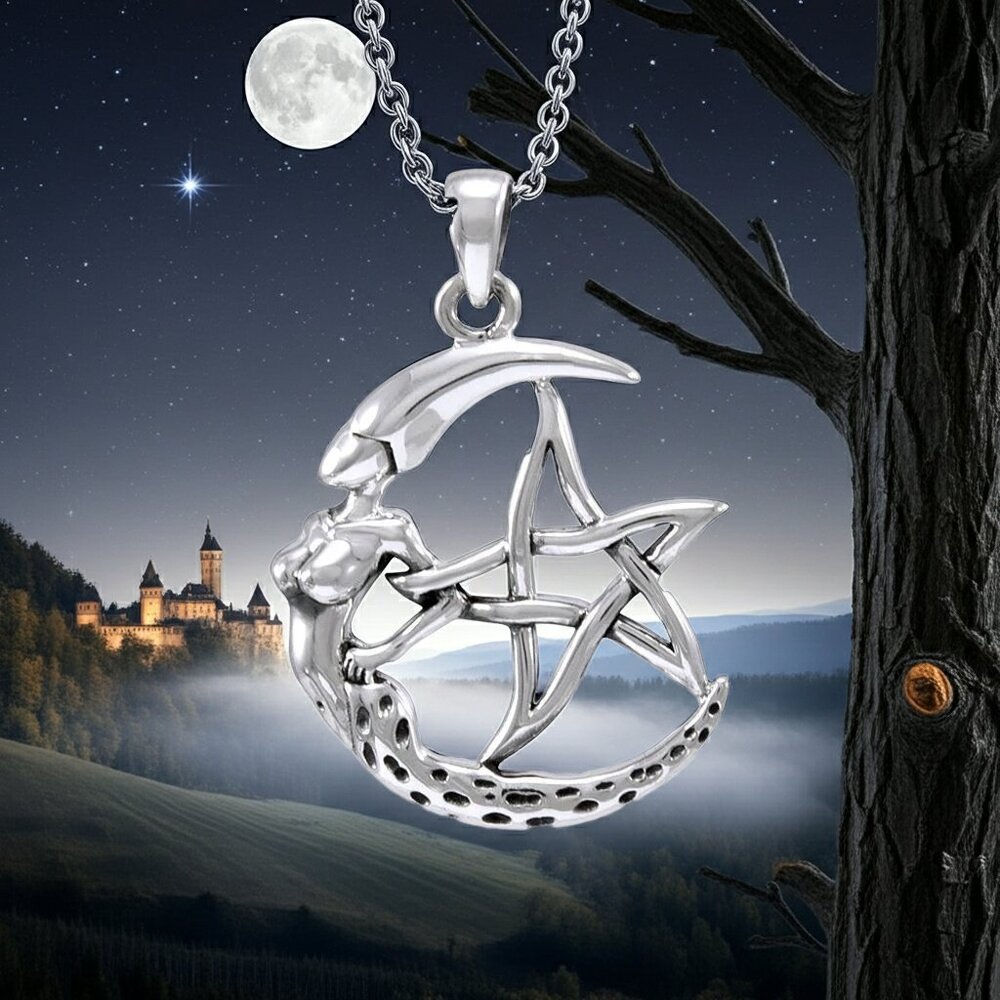 Sterling Silver Crescent Moon Goddess Pentagram Pendant